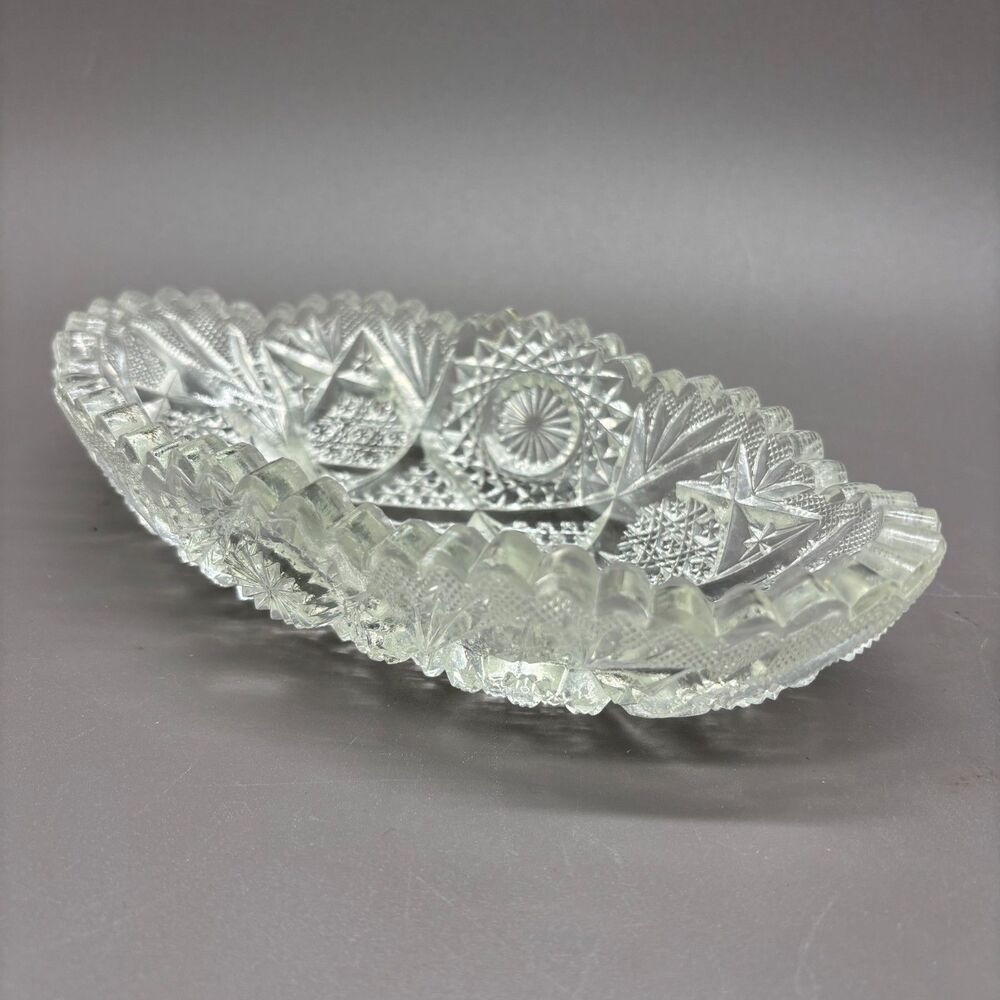 Antique Pressed Glass Oval Serving Dish EAPG Starburst Sawtooth Scalloped 7"